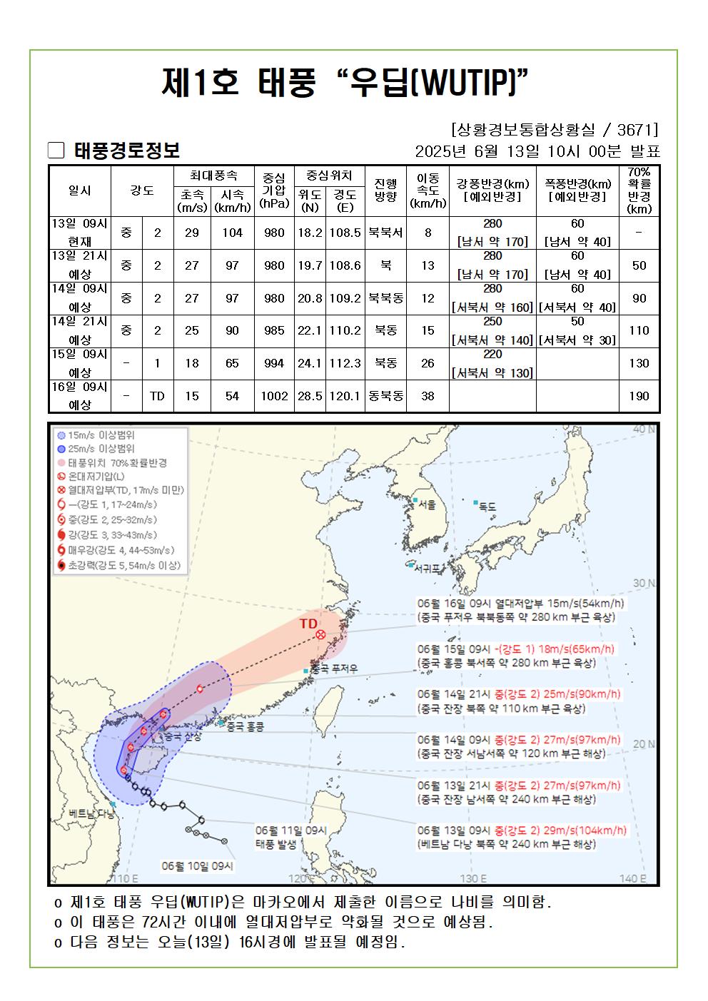 제1호 태풍 우딥 예상진로도 2025. 06. 13. 10시00분 발표