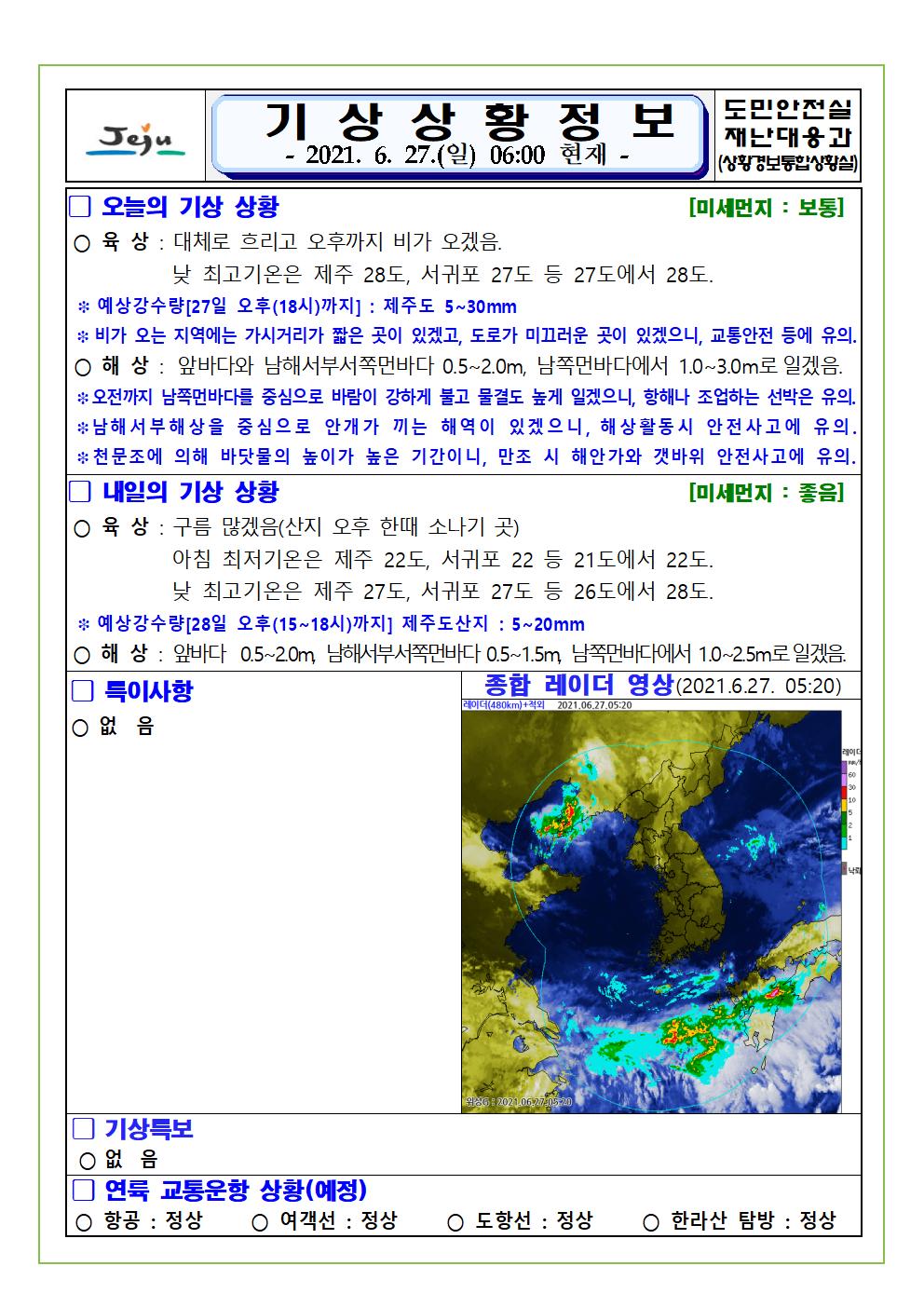 기상상황 2021.6.27 일요일 