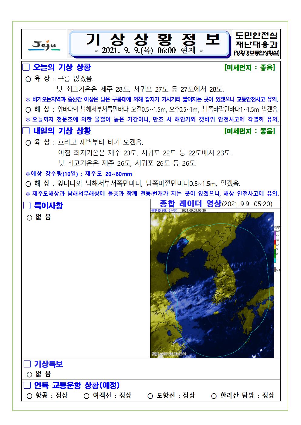 기상상황 2021.9.9. 목요일 