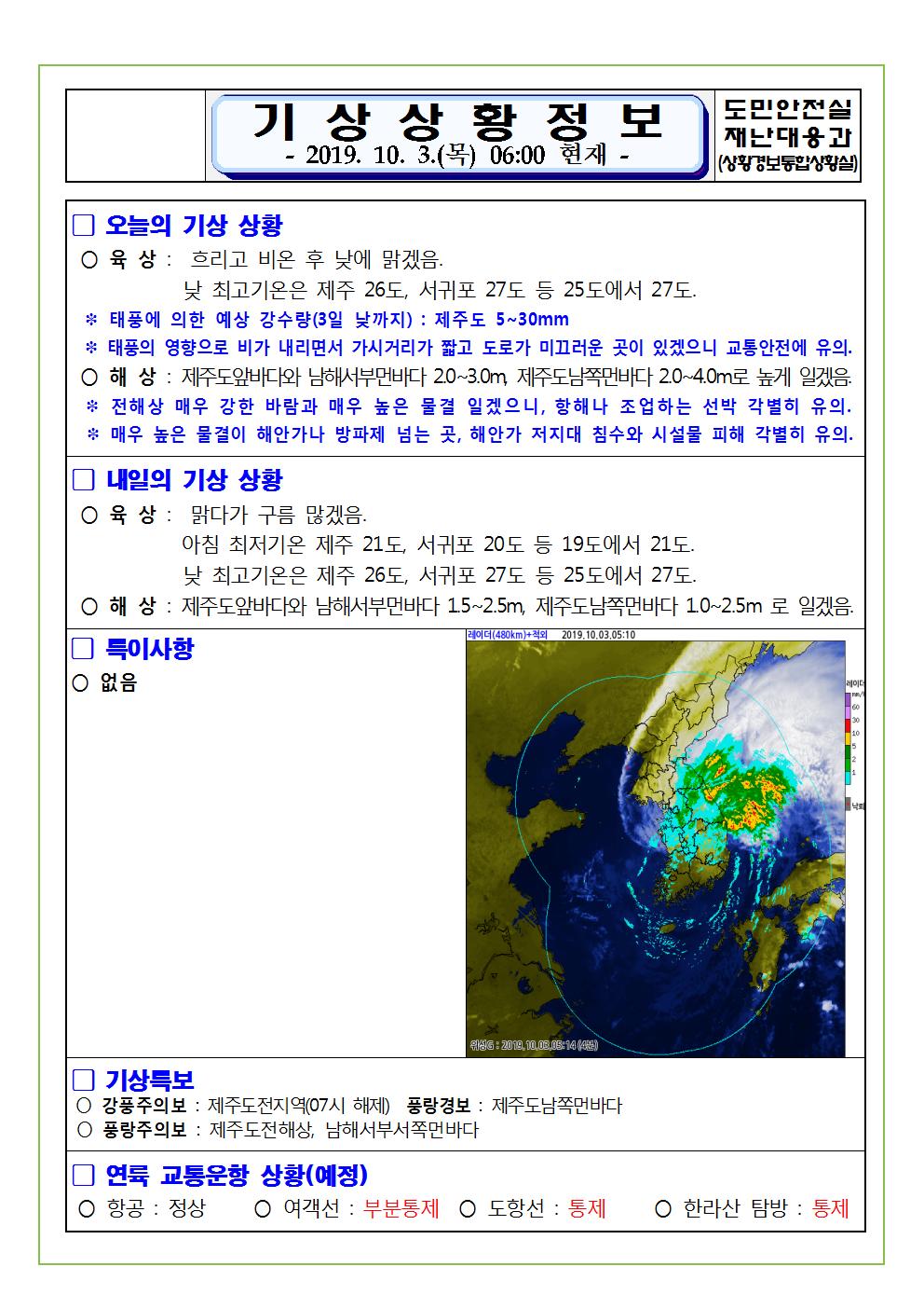 기상상황 정보 2019.10.2. 수요일 