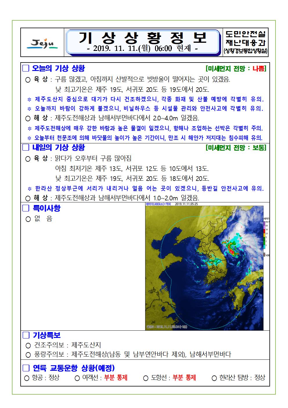 기상상황 정보 2019.11.11. 월요일