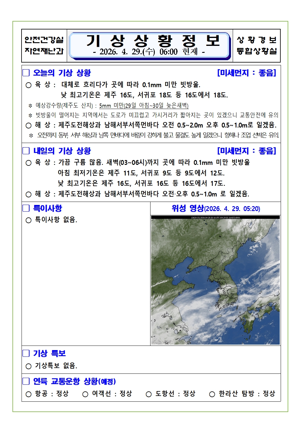 기상상황 2026. 4. 29. 수요일