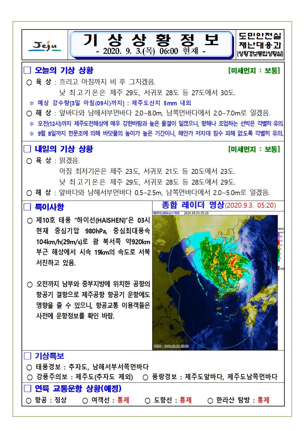 기상상황 2020. 9. 3. 목요일 