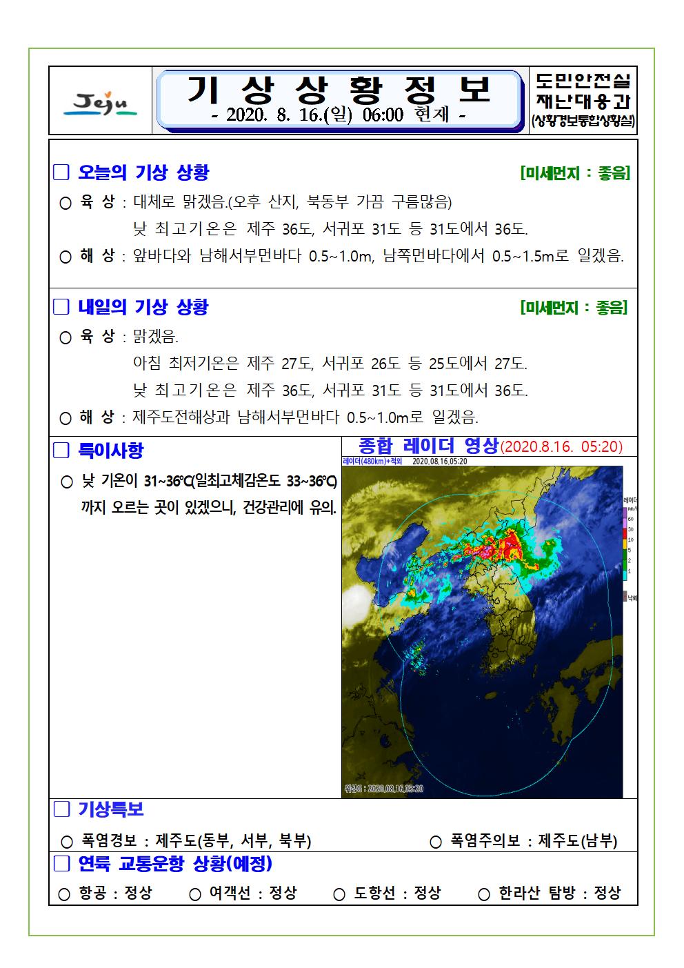 기상상황 2020. 8. 16. 일요일 