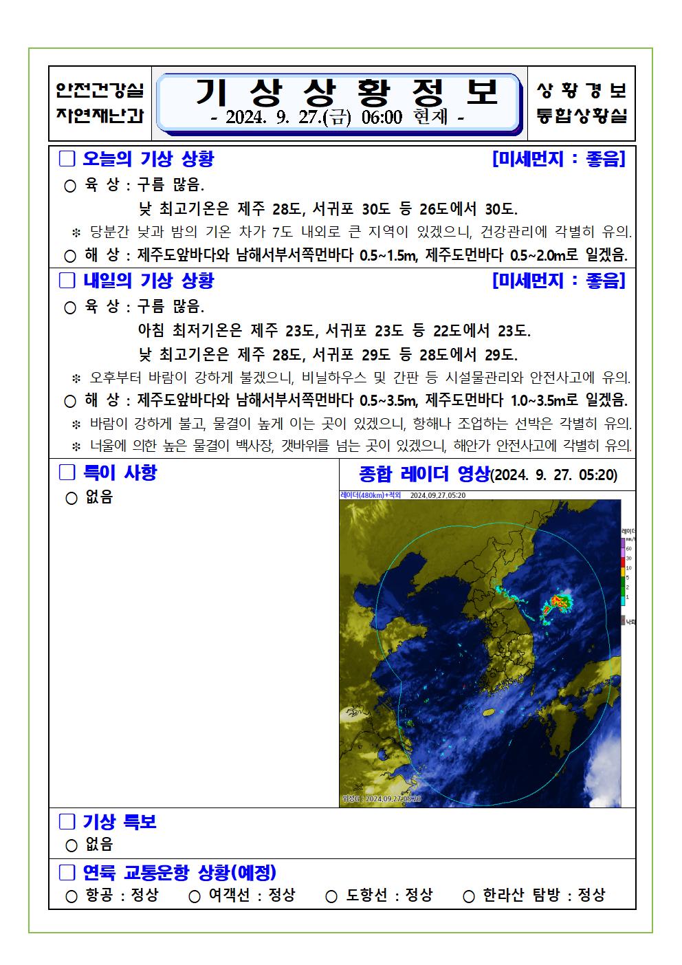 기상상황 2024. 9. 27. 금요일