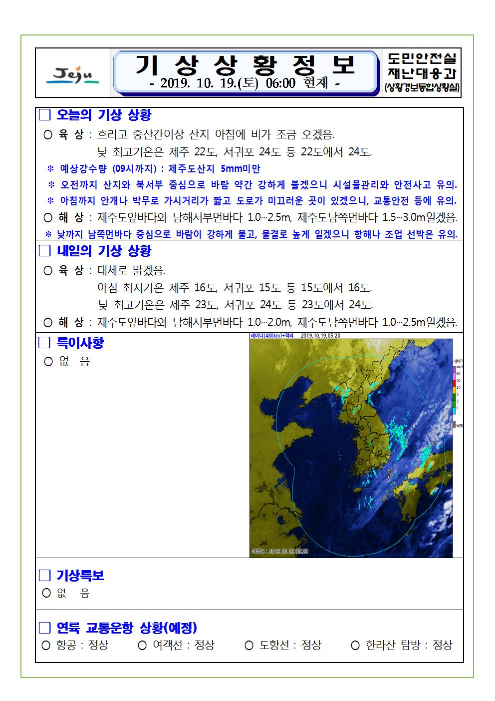 기상상황 정보 2019.10.19. 토요일 