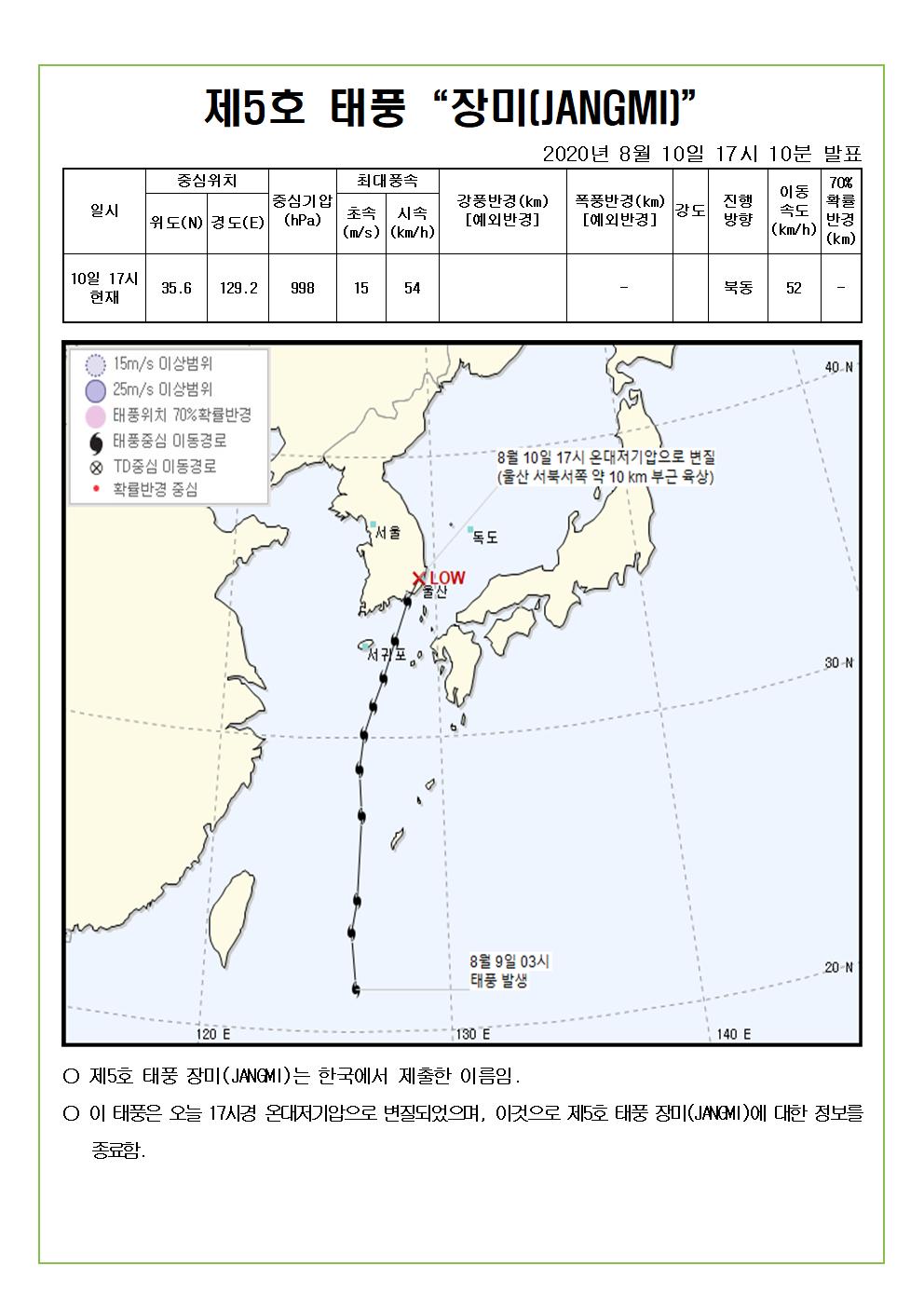 제5호 태풍 장미 예상진로도 2020. 8. 10.(월) 17시 10분 발표
