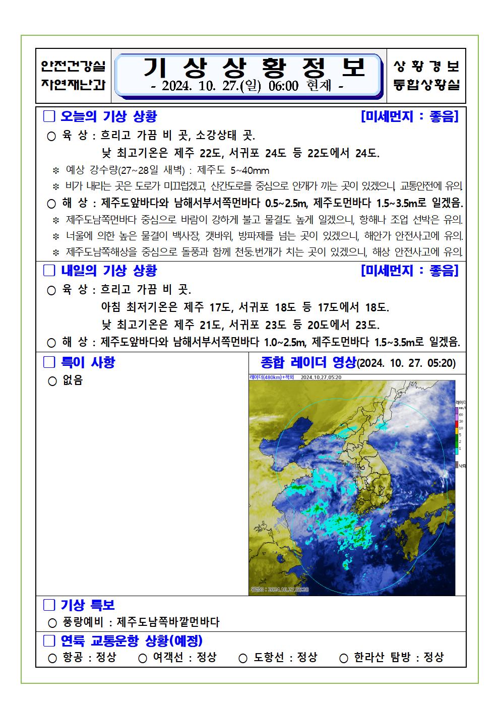 기상상황 2024. 10. 27. 일요일