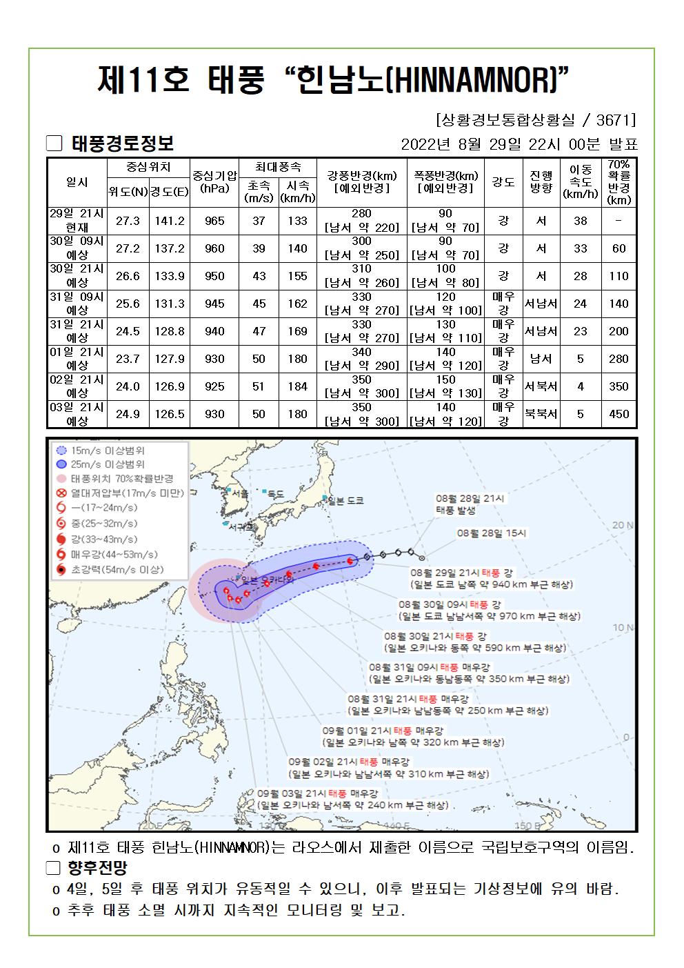 제11호 태풍 힌남노 예상진로도 2022. 8. 29. 22시00분 발표 