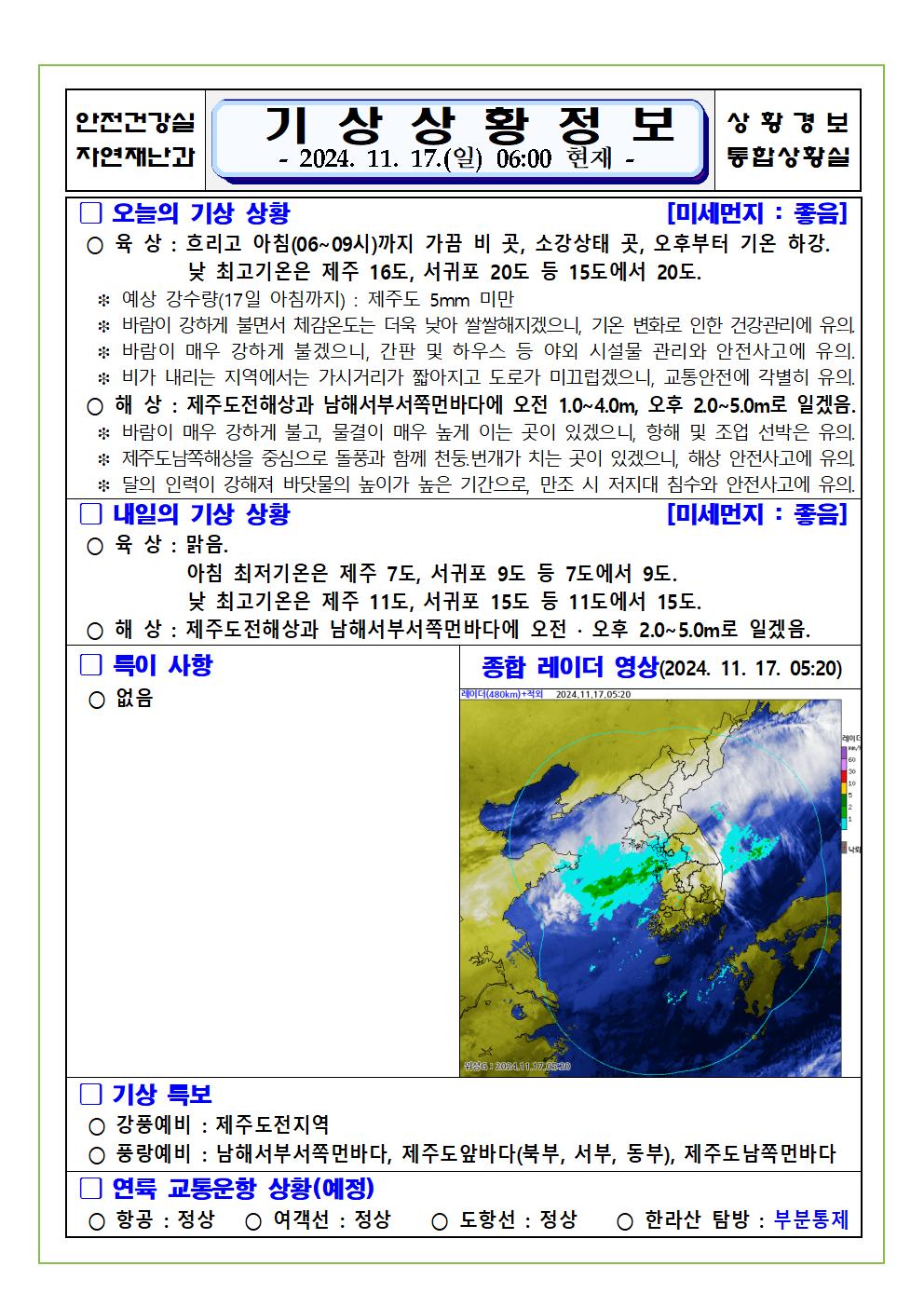 기상상황 2024. 11. 17. 일요일