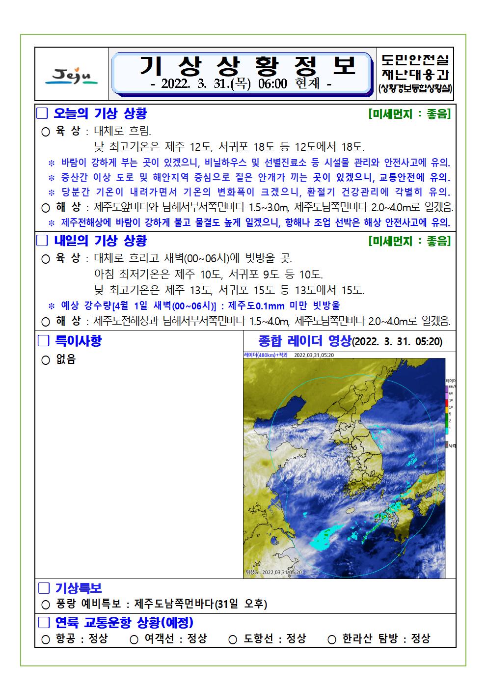 기상상황 2022.03.31. 목요일 