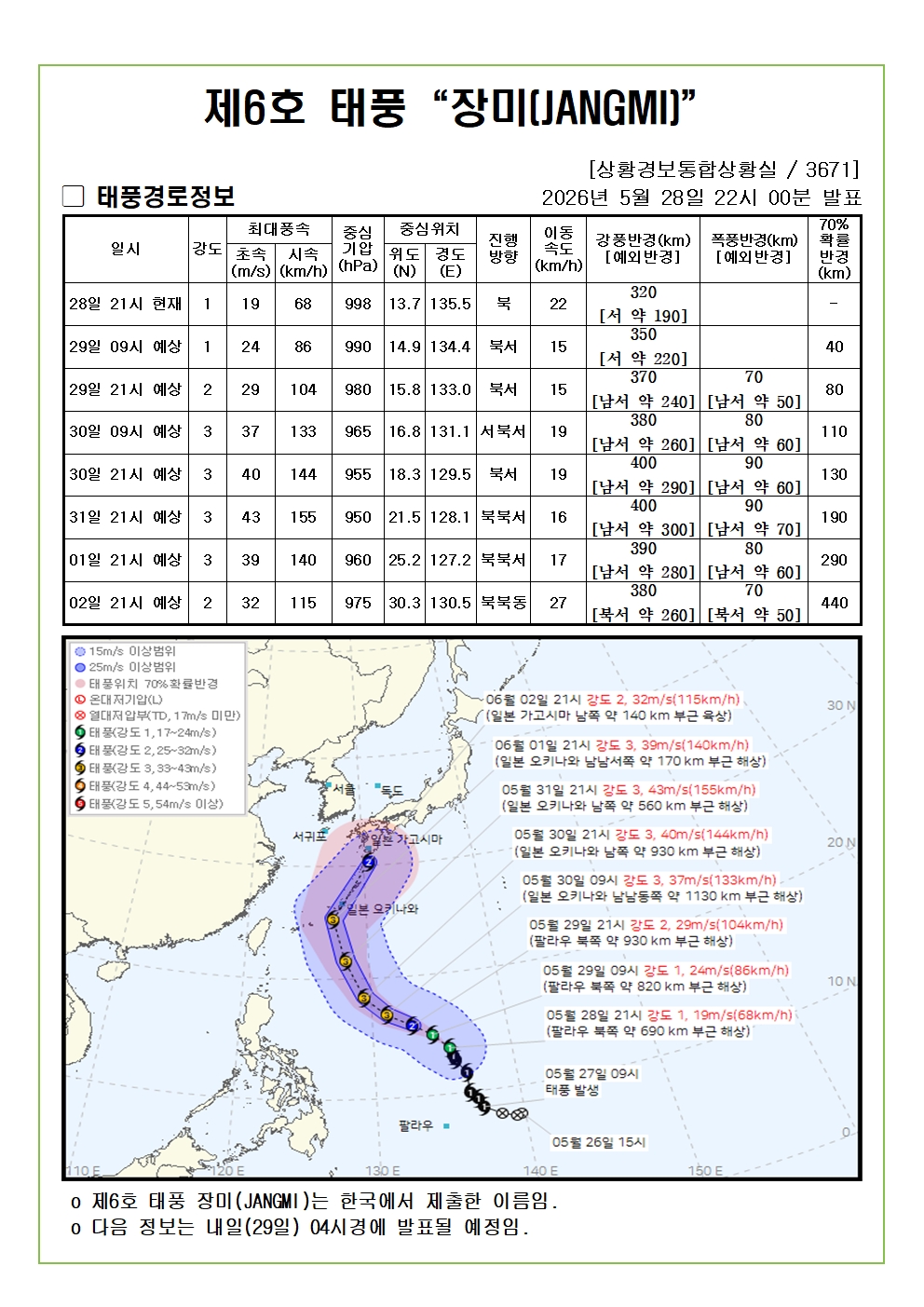 제6호 태풍 장미 예상진로도 2026. 05. 28. 22시00분 발표 