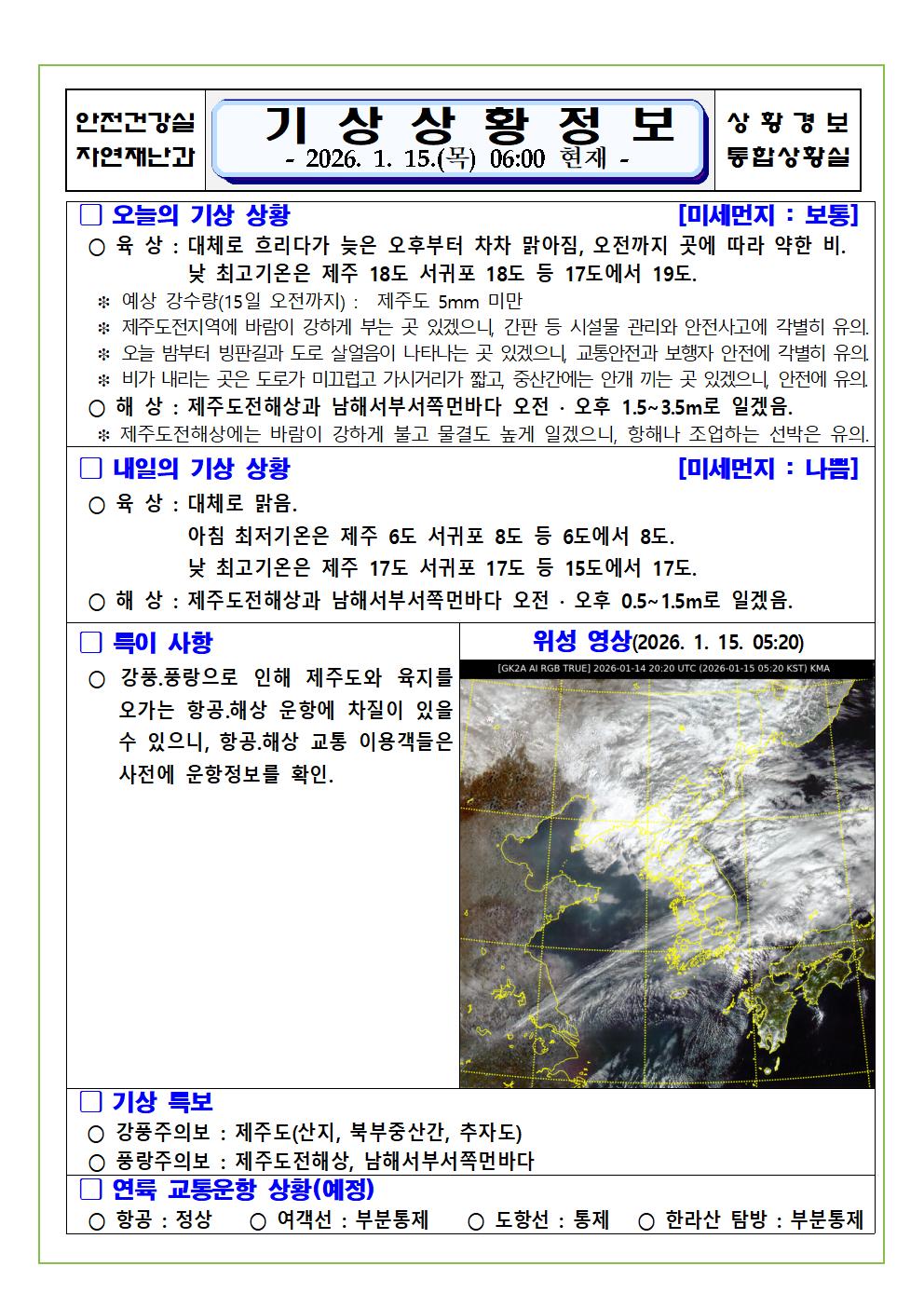 기상상황 2026. 1. 15. 목요일