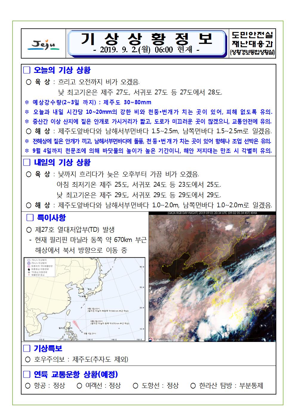 기상상황 정보 2019.9.2. 월요일