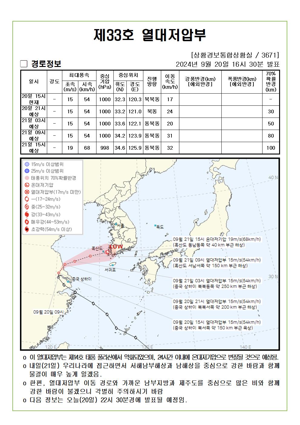 제33호 열대저압부 예상진로도 2024. 09. 20. 16시30분 발표
