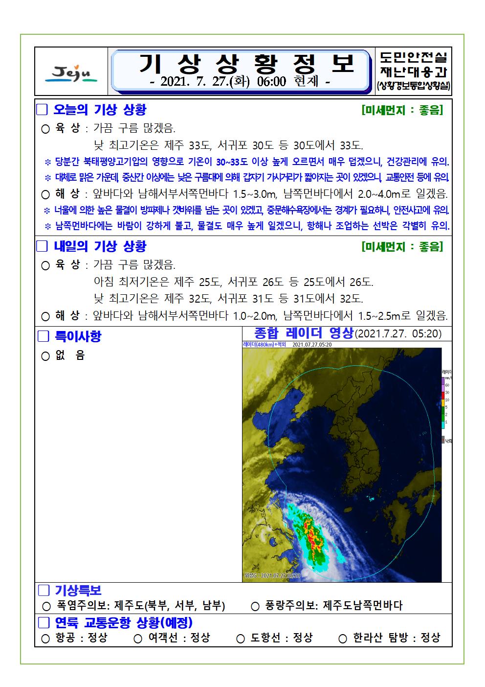 기상상황 2021.7.27. 화요일 