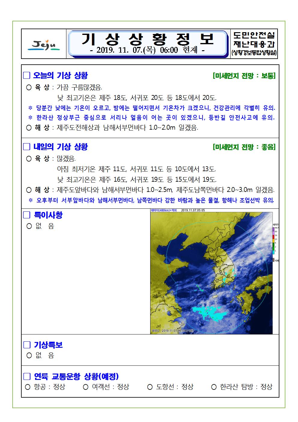 기상상황 정보 2019.11.7. 목요일 