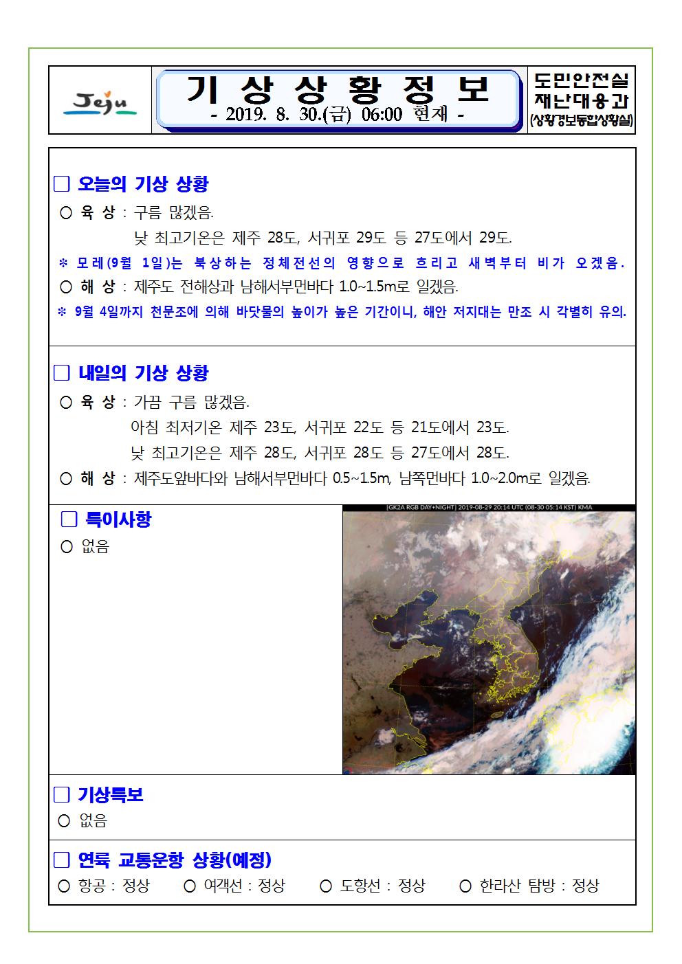 기상상황 정보 2019.8.30. 금요일