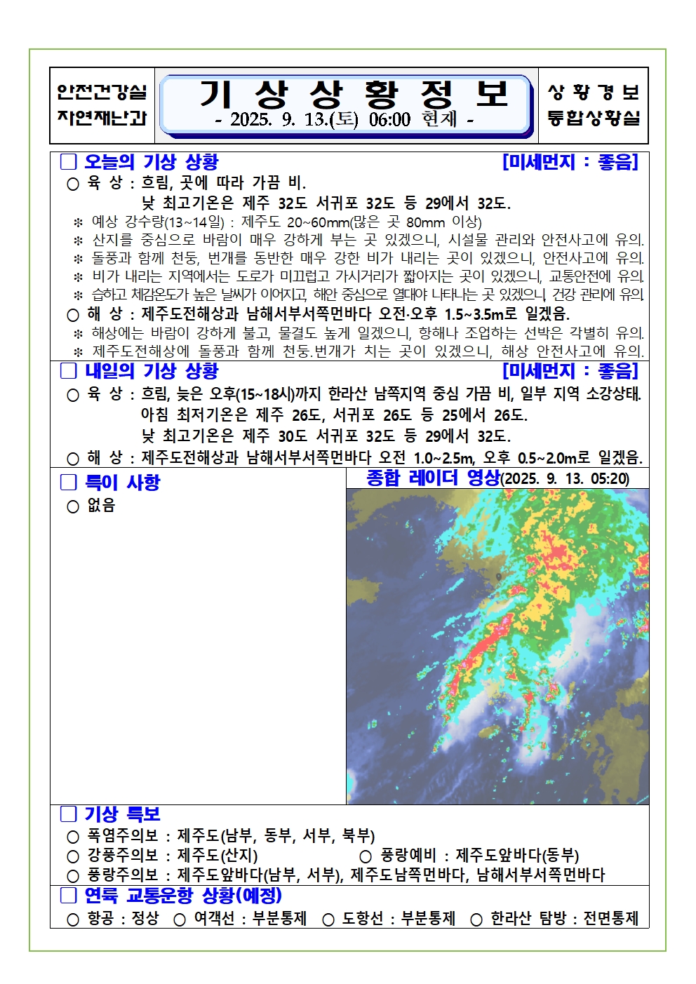 기상상황 2025. 9. 13. 토요일