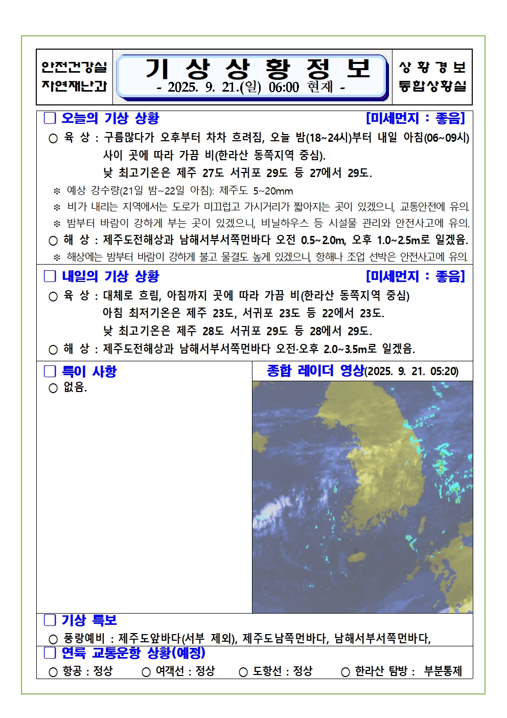 기상상황 2025. 9. 21. 일요일 
