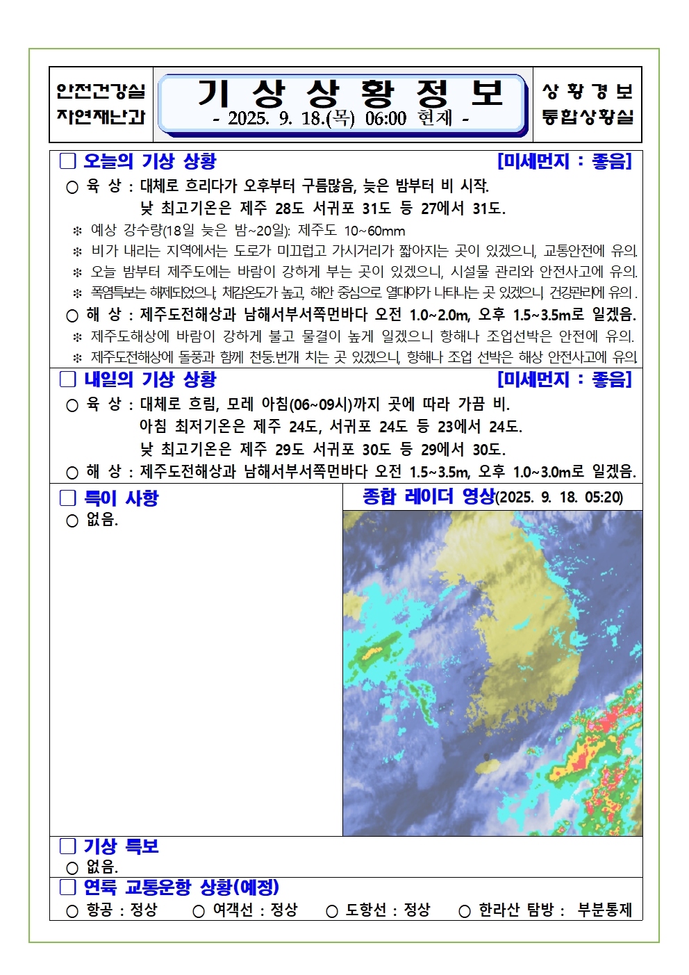 기상상황 2025. 9. 18. 목요일