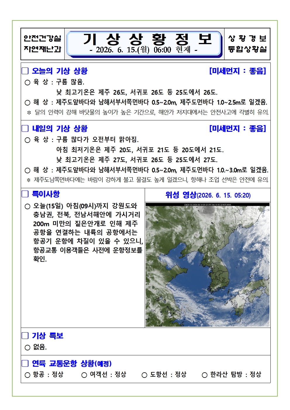 기상상황 2026. 6. 15. 월요일