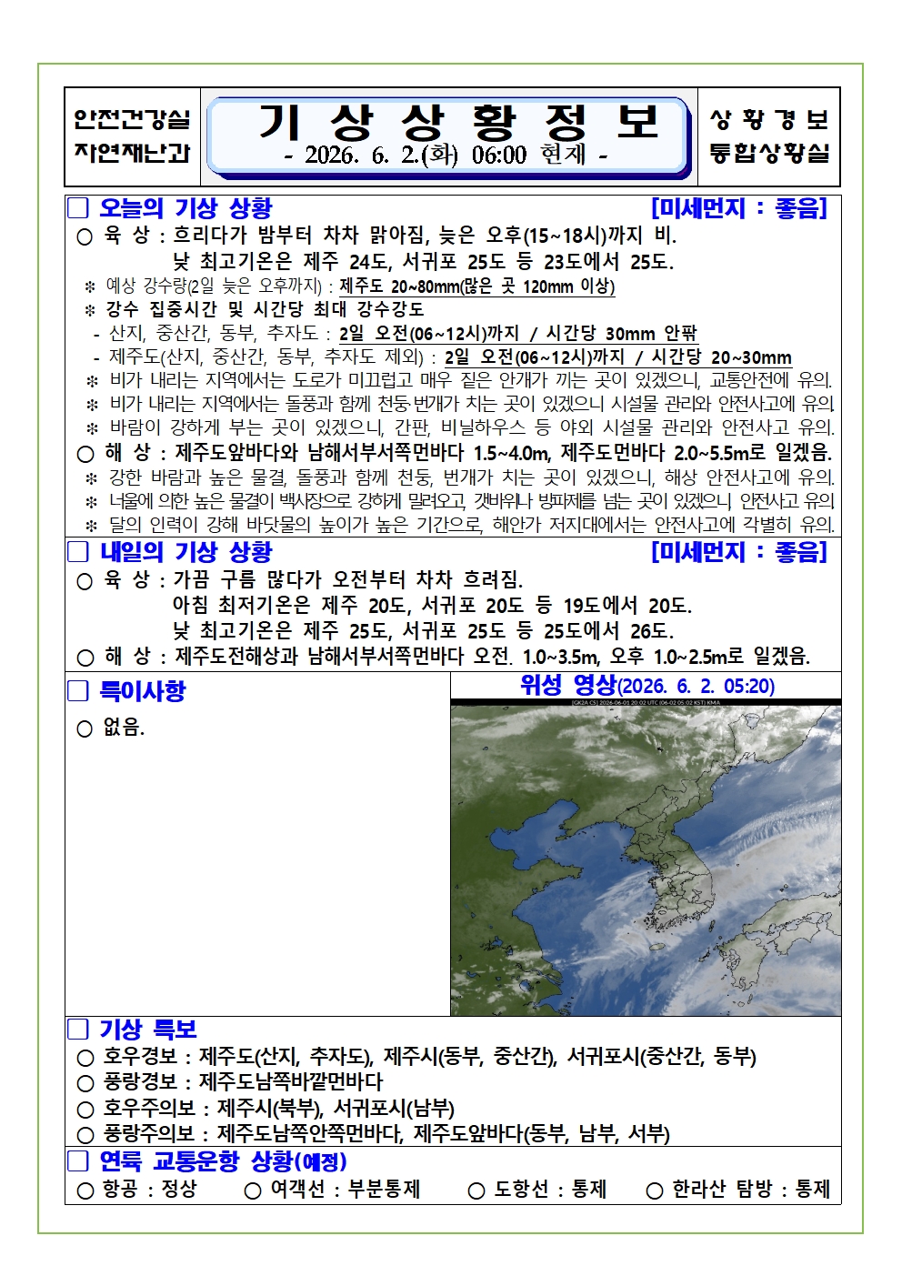 기상상황 2026. 6. 2. 화요일 