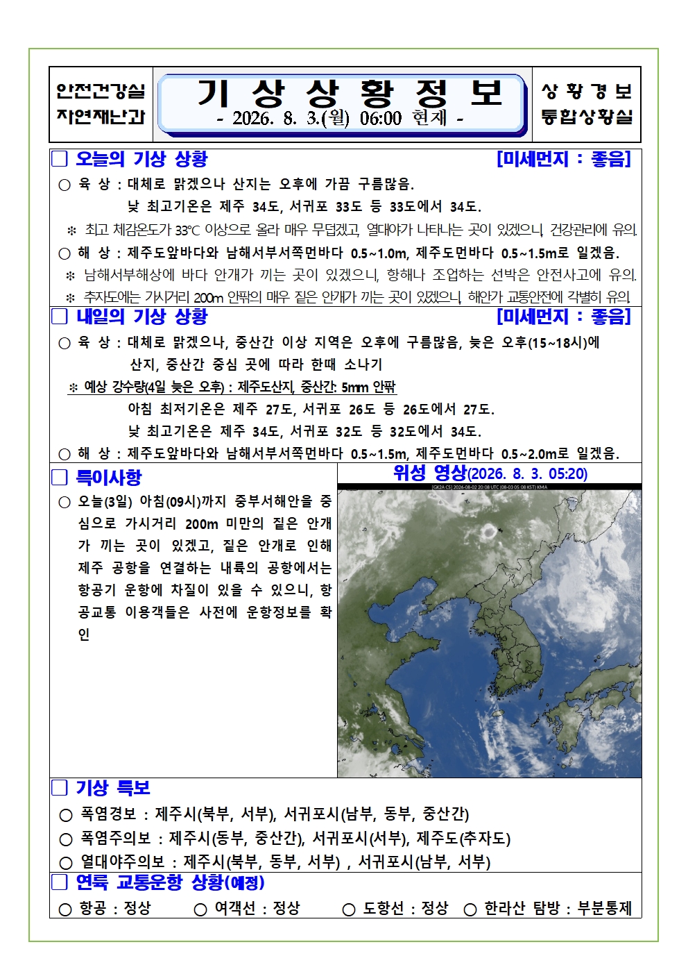 기상상황 2026. 8. 3. 월요일 