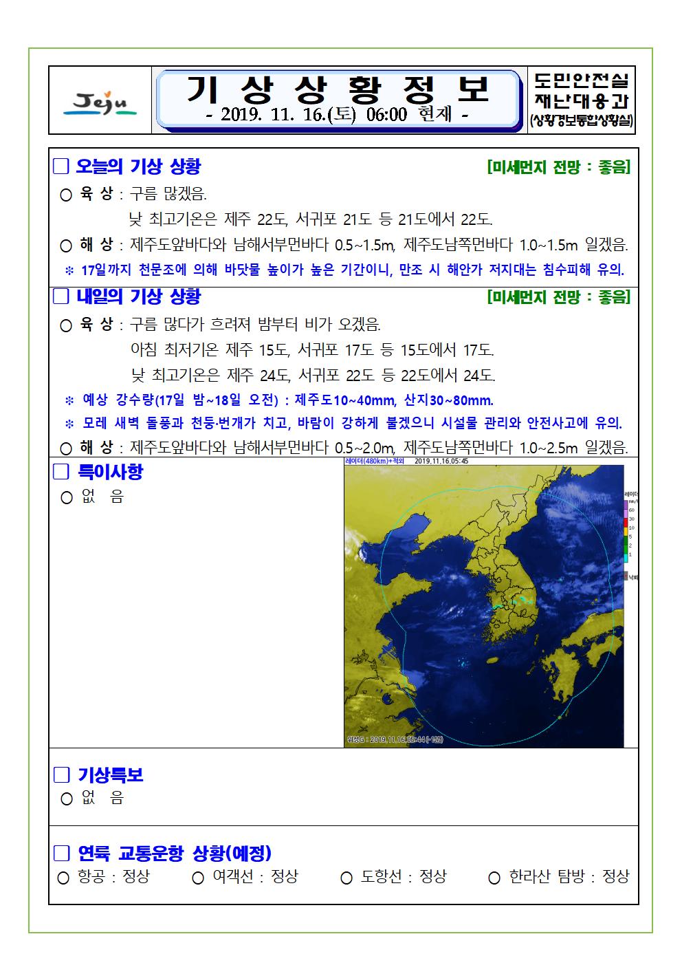 기상상황 정보 2019.11.16. 토요일