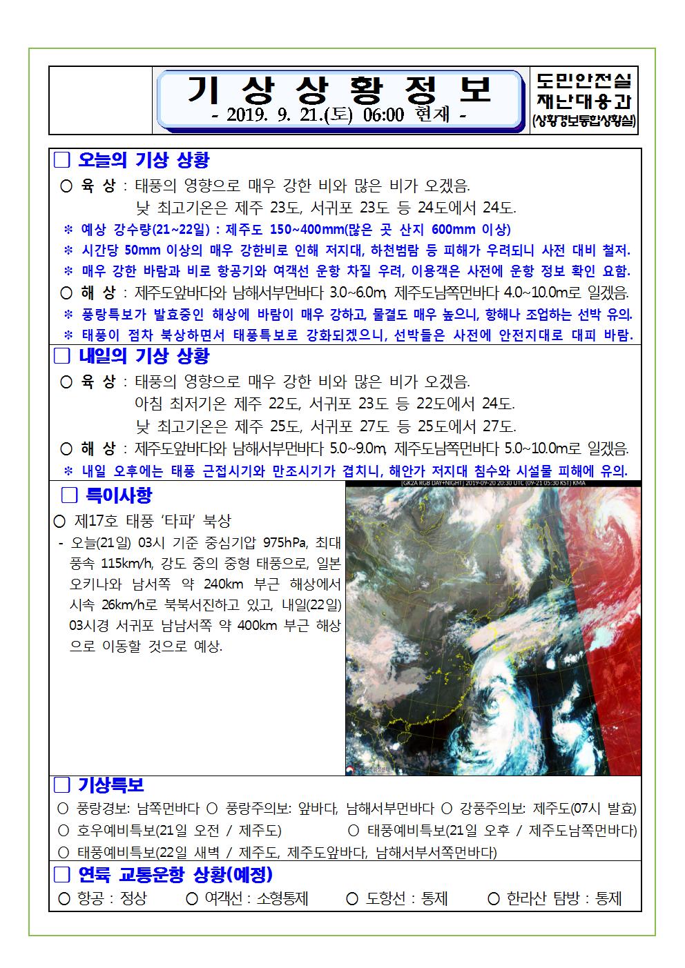 기상상황 정보 2019.9.21. 토요일
