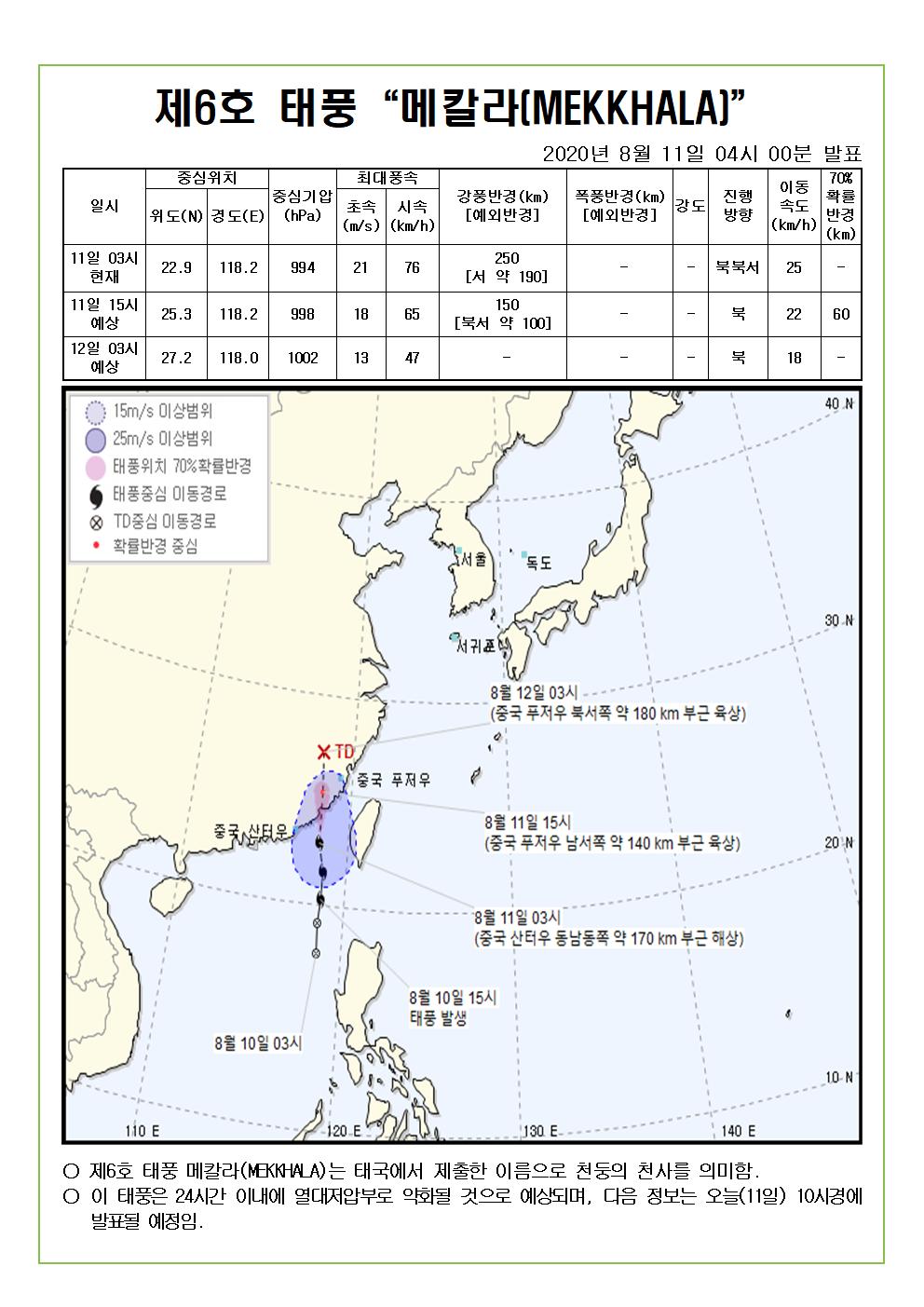 제6호 태풍 메칼라 예상진로도 2020. 8. 11.(화) 04시 00분 발표