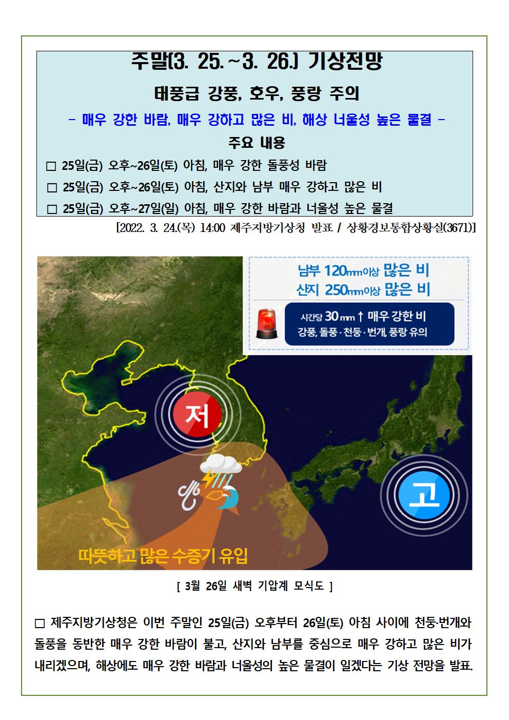 주말(3. 25.∼3. 26.) 기상전망