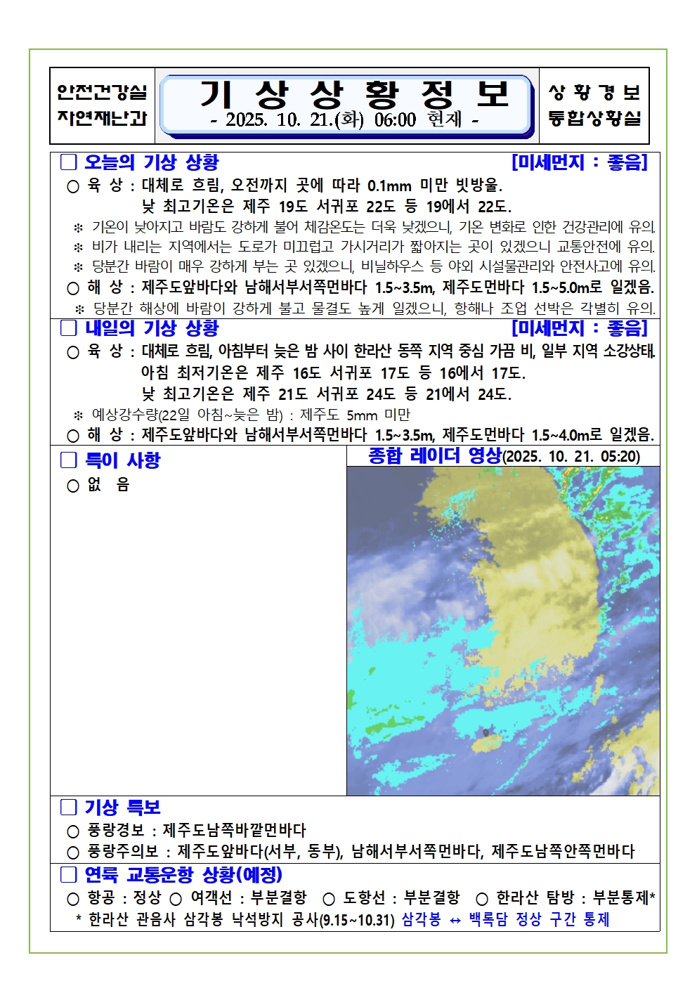기상상황 2025. 10. 21. 화요일 